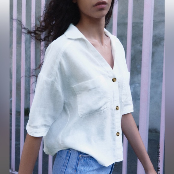 ZARA WHITE SHORT SLEEVE LINEN SHIRT - Picture 2 of 6